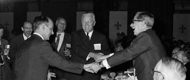 René Lévesque, Jean Lesage, and Daniel Johnson Sr. during the inauguration of the Manic-5 hydroelectric dam, 1968. Source: Musée Virtuel/Hydro-Québec.