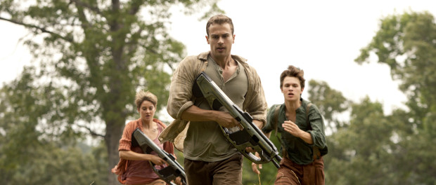 Insurgent. Tris (Shailene Woodley), Four (Theo James, center), Caleb (Ansel Elgort, right)