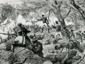 Henri Julien's illustration of the Battle of the Chateauguay, an imaginitive depiction two or three generations after the event in 1884. Photo credit: SalomonCeb/Wikimedia Commons.
