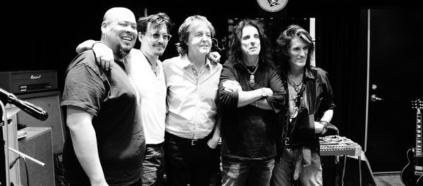 The Hollywood Vampires.From left: Abe Laboriel, Jr., Johnny Depp, Paul McCartney, Alice Cooper and Joe Perry. Kyler Clark/Courtesy of Universal Music.