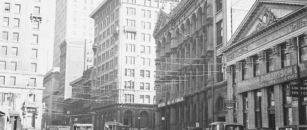 More details Saint-Jacques street with the Royal Bank building (the tallest), 1935