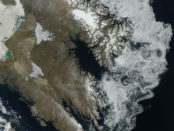 Sea Ice off Baffin Island. Remains of Laurentide Ice Sheet. Photo NASA.