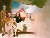 Benjamin West's portraits of the American delegation of the Treaty of Paris. The British refused to sit for the portrait, hence it remains unfinished. Left to right: John Jay, John Adams, Benjamin Franklin, Henry Laurens, and Temple Franklin (Benjamin's grandson).