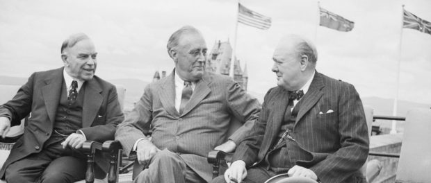 Canadian Prime Minister Mackenzie King, with President Franklin D Roosevelt, and Winston Churchill during the Quebec Conference, 18 August 1943. Credit: Imperial War Museum, catalogue number: H 32129