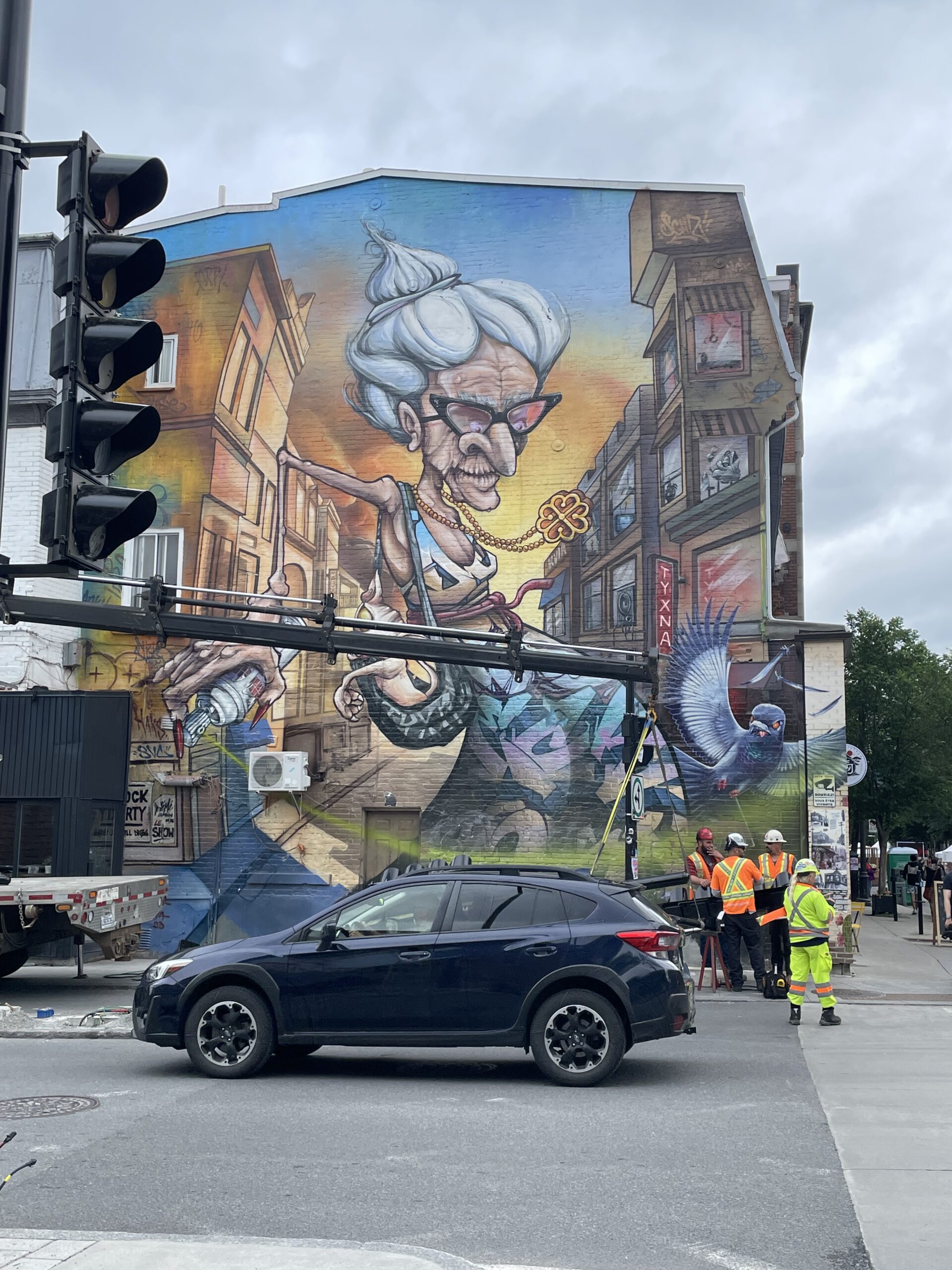 Grandma mural on building