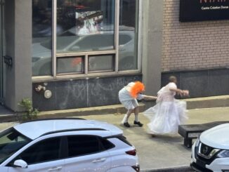 people in dresses and wigs fighting
